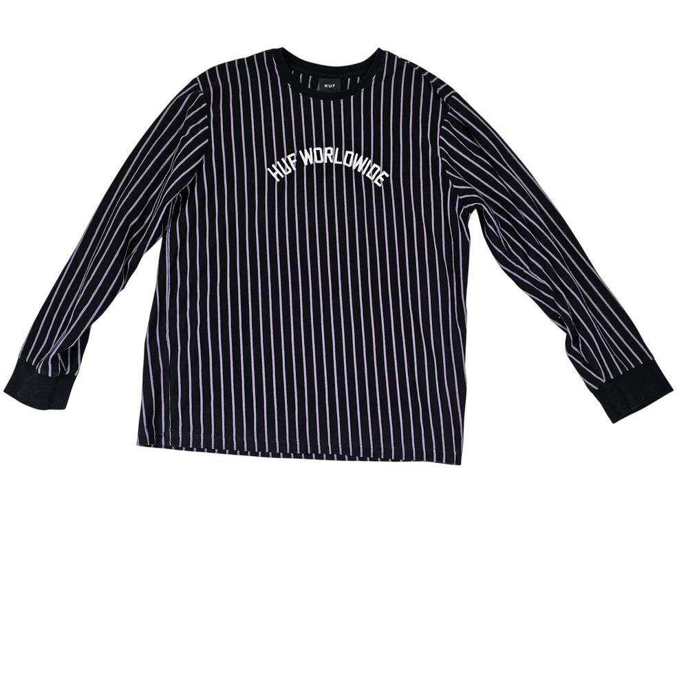 HUF Shirt Mens XL Black Striped Long Sleeve HUF‎ Worldwide Logo Tee Streetwear